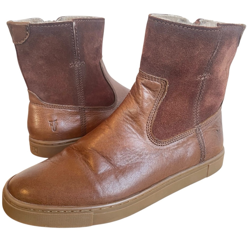 Frye Gemma Short Shearling-Lined Leather Suede Ankle Boots Cognac Brown 6.5